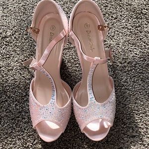 Size 9 pink silk wedges, open toed, bejeweled